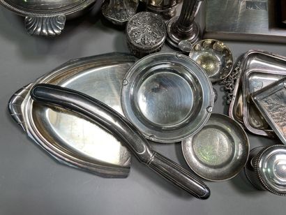  Lot of silver plated metal: trays, basket, bottle holder, vegetable tray, crumb...