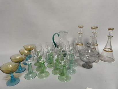 null Lot of glassware: 4 truncated cone-shaped decanters with gold frieze, colored...