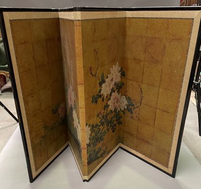 null Four-leaf screen: watercolor on printed paper decorated with flowering branches,...