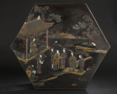 Hexagonal lacquer panel with characters inlaid...