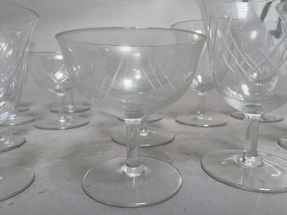 null Small part of glass service with foot out of cut glass.

Twelve cups, five large...