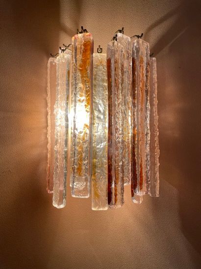null Pair of sconces with rectangular pendants in molded glass partially tinted brown.

Around...
