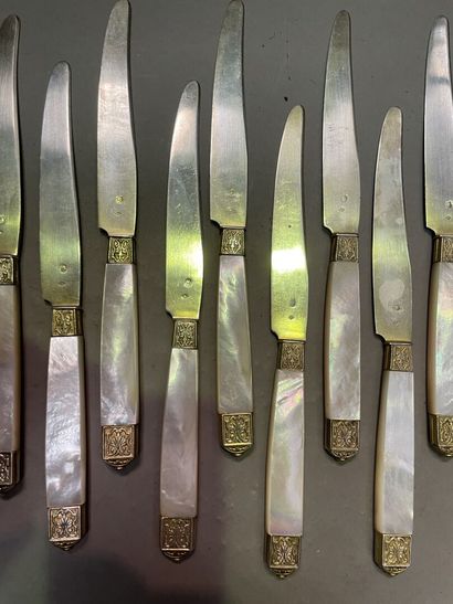 null Seize couteaux en argent à manche en nacre (20 cm)

On joint :

Douze couteaux...