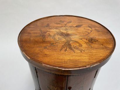 null Small cylindrical coffee table in veneer and marquetry of flower basket, opening...