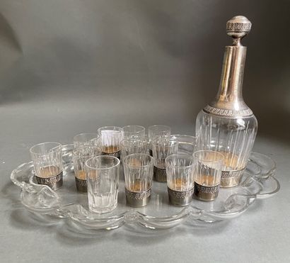
Glass liquor service with silver mountings...