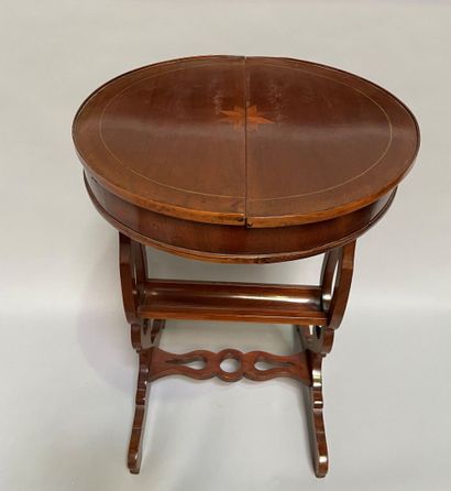 Wooden veneer table with round top opening...