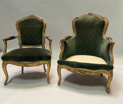 Pair of armchairs and shepherdess in gilded...