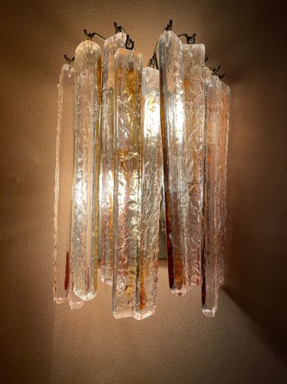 null Pair of sconces with rectangular pendants in molded glass partially tinted brown.

Around...