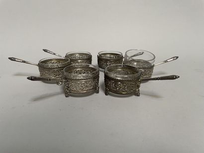 Six silver saltcellars with openwork scrolls...