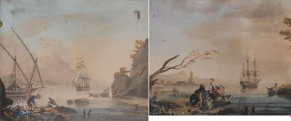  Paire de gouaches: "Pêcheurs dans un port". Fin du XVIIIe siècle. Mouillures et...