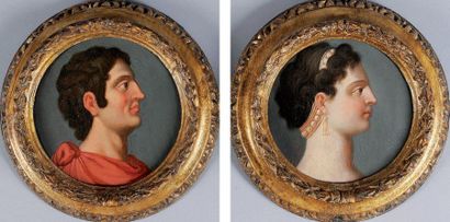  Deux huiles, tondi: "Profil d'homme antique", "Profil de femme". XIXème siècle....