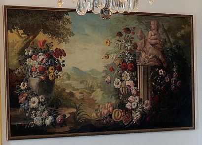 École française du XIXème siècle Paysage, putti et jeté de fleurs Huile sur toile,...