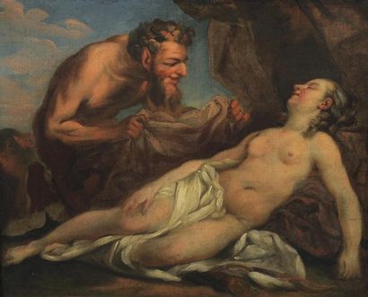 École française du XIXème siècle Femme et satyre, d'après Carl van Loo. Huile sur...