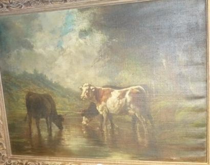 Théodore LEVIGNE (1848-1912) Vaches en bord de rivière. Huile sur toile signée en...