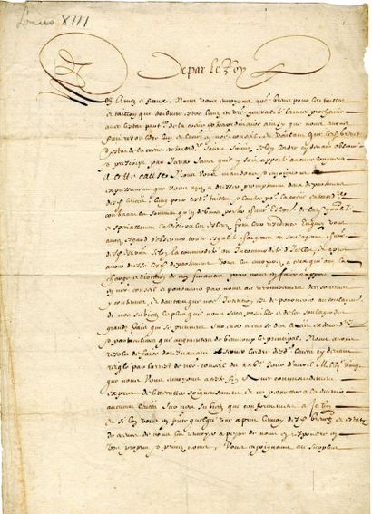 LOUIS XIII [1601 - 1643] roi de France. Pièce signée « Louis », contresignée par...