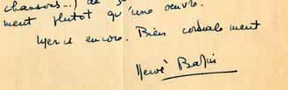 BAZIN Hervé [1911 - 1996] écrivain français. Lettre autographe signée, adressée à...