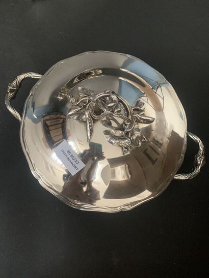 null 
Silver covered vegetable dish, the handle and the grip decorated with foliage...