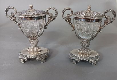 
Pair of mustard pots in silver, the cut...