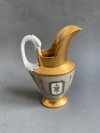 null 
Porcelain pitcher of baluster form with flattened body and handle in swan neck...