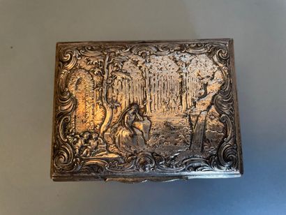null Box out of silver plated metal, the lid decorated with a scene of walk in forest

one...