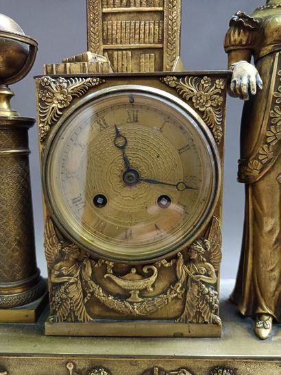 null 
Gilt bronze clock with a library, flanked by a young woman reading. 




Restoration...