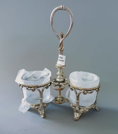 null Mounting of oil cruet and vinegar dish in silver plated metal.