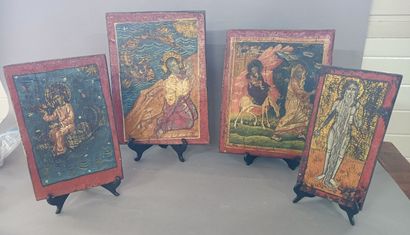 Quatre icônes en bois peint. 
Travail grec...