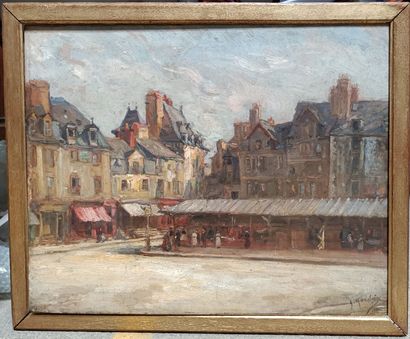 null Gustave MADELAIN (1867-1944) 

Market scene in Rouen ? 

Oil on panel signed...