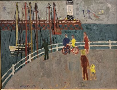 null Michael ARGOV 
(Vienne 1920 - 1982 ) 
Promeneurs dans un port, 1954
Huile sur...