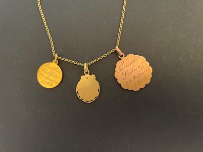 null Lot including three engraved baptism medals and two yellow gold neck chains...
