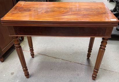 null Mahogany veneered game table with folding top, four turned and fluted legs.

19th...