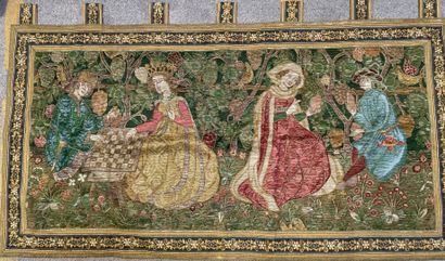 null Two tapestries forming a curtain representing gallant scenes in the taste of...