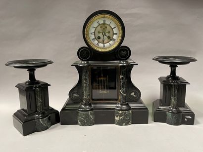 Black stone and green marble mantel set with...