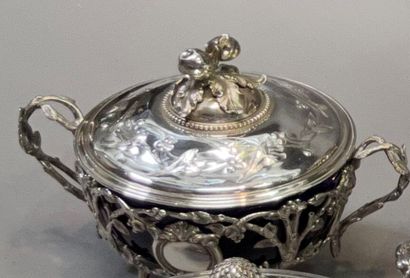 null 
Covered drageoir in silver decorated with foliage, the lining in blue glass.





Louis...
