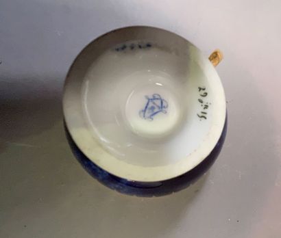 null Tea cup and its under cup in porcelain with marbled blue bottom and decoration...