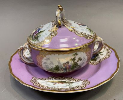 null Ecuelle covered and its display in porcelain on purple background with decoration...