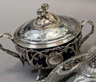 null 
Covered drageoir in silver decorated with foliage, the lining in blue glass.





Louis...