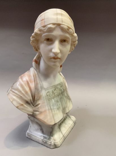 null Bust of a young woman with a scarf in pink veined marble partially painted 

Signed...