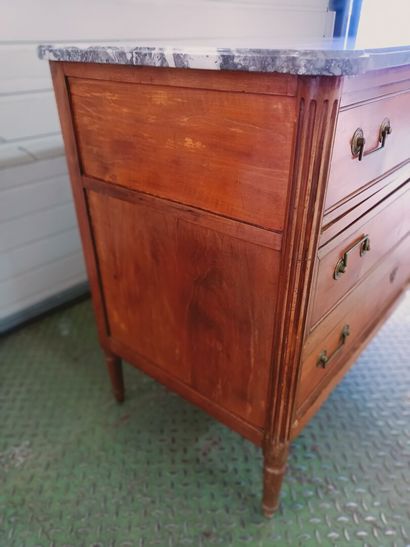 null Natural wood chest of drawers with three drawers and grey marble top. 

End...