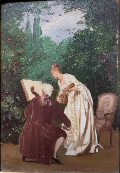 null French school of the end of the 19th century

Musical duet 

Oil on panel

14...