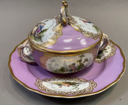 null Ecuelle covered and its display in porcelain on purple background with decoration...