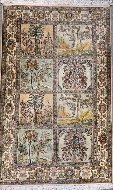 null Three rugs :

Silk prayer rug decorated with Mihrab and a flowering tree.

Iran,...