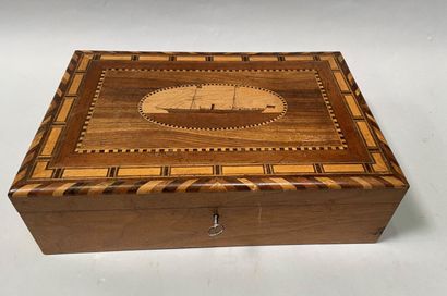 Marquetry box with steamboat decoration,...