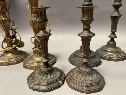 null Three pair of candlesticks in metal or gilded metal (H: 22, 27 and 28 cm), 

suspension...