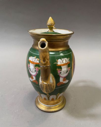 null Porcelain pot of Paris decorated with cornucopia, trophies and Putto on a green...