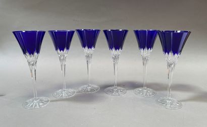 Six cocktail glasses in cut blue lined glass.

H...