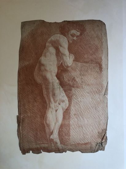 null ANONYMOUS 

Study of a male nude, late 18th century 

Sanguine on paper 

Folds,...