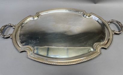 null Serving tray with two handles, in silver plated metal decorated with laurel...