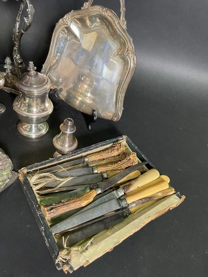 null Lot of silver plated metal: large bowl, crumb catcher, small glasses, knives...