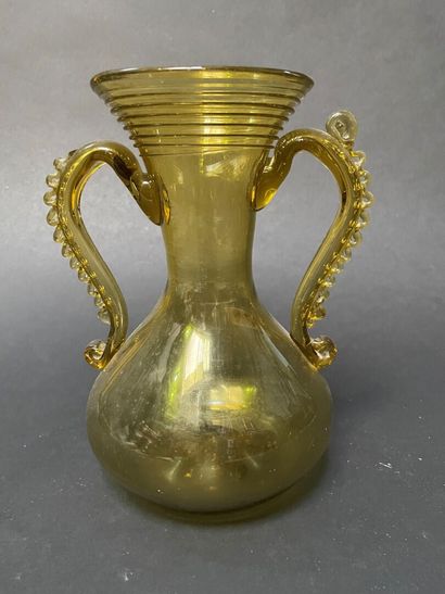 Yellow glass baluster vase with two handles...